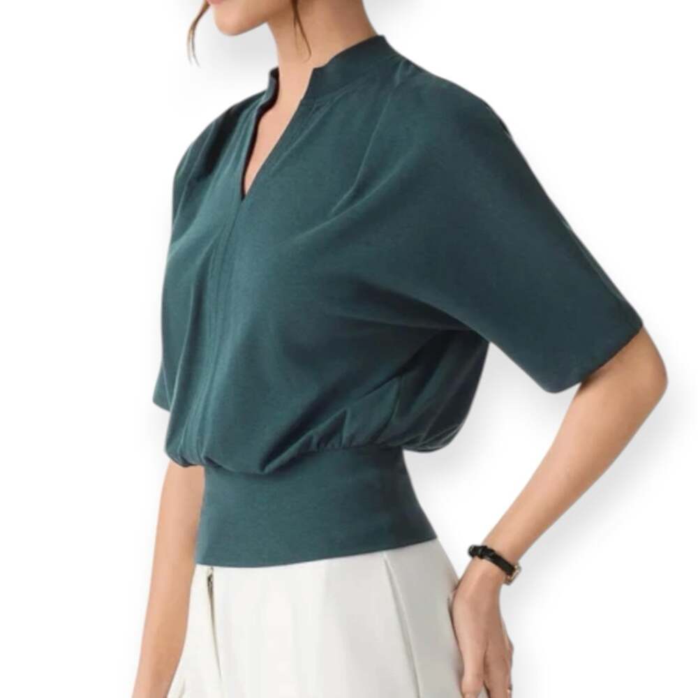NWT OGL Stand Collar V-Neck Short Sleeve Top Size Medium Deep Water Blue